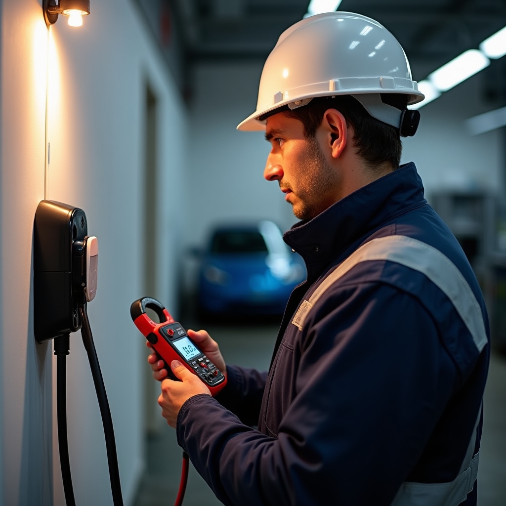Technik z uprawnieniami SEP podczas montażu wallboxa