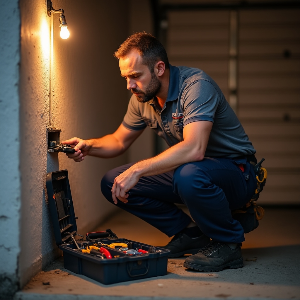 Elektryk prowadzący instalację kablową w garażu
